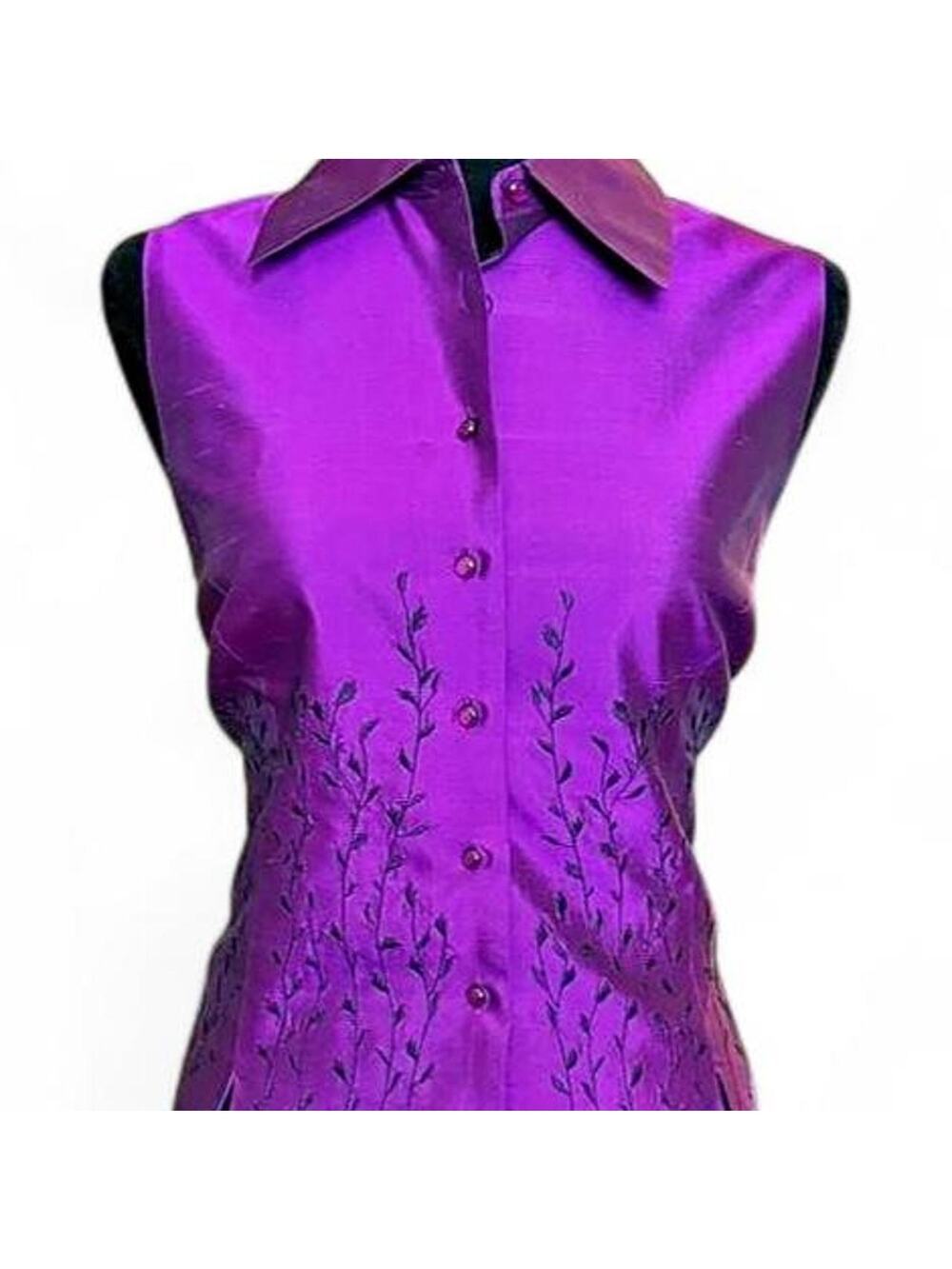 Y2K Fitted Purple Silk Shell Top – Fairycore Embroidered Blouse Size 12P